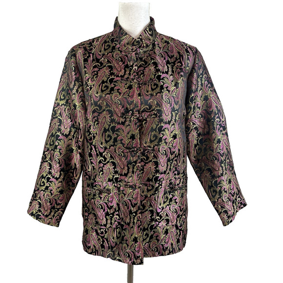 Robert Louis Oriental Asian Jacket Blazer size Medium Pink Gold Paisley Silk - Picture 1 of 12